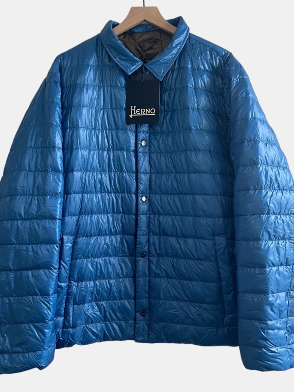 Herno Men’s Reversible Down Jacket IT 62 Blue Olive Ultralight Snap Front NWT
